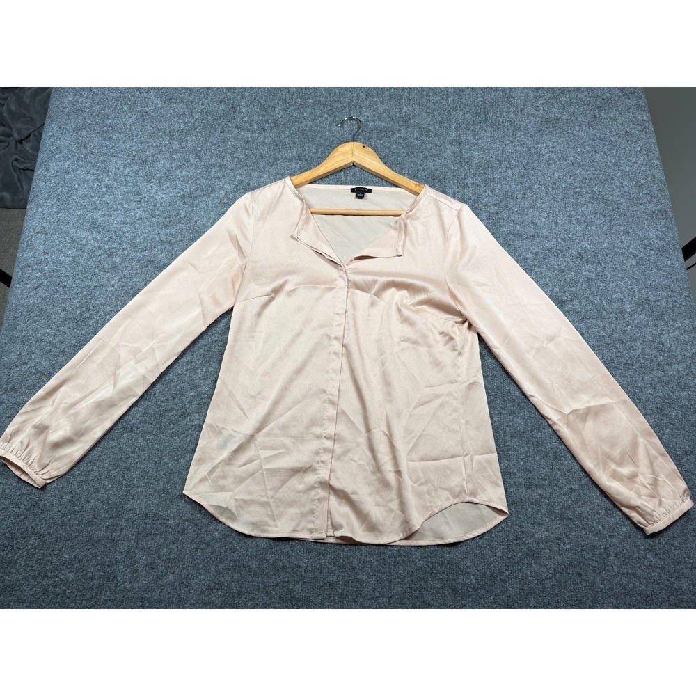 Ann Taylor Blouse Top Womens 2 Light Pink Satin Balloon Sleeve Button Front